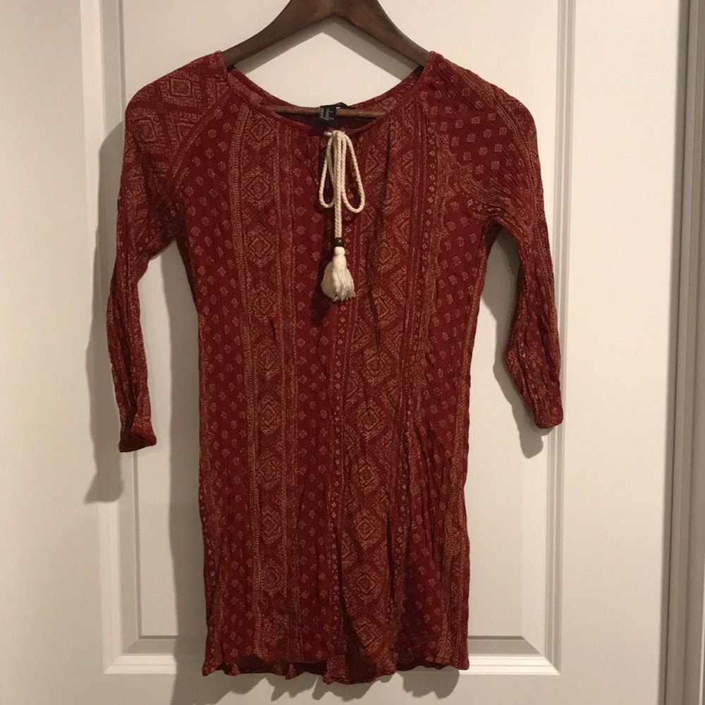 Boho Rust Patterned Peasant Top with Tassel Tie